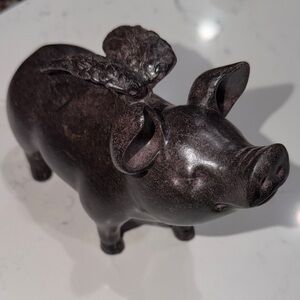Vintage Wood Dark Brown Flying Pig Figurine